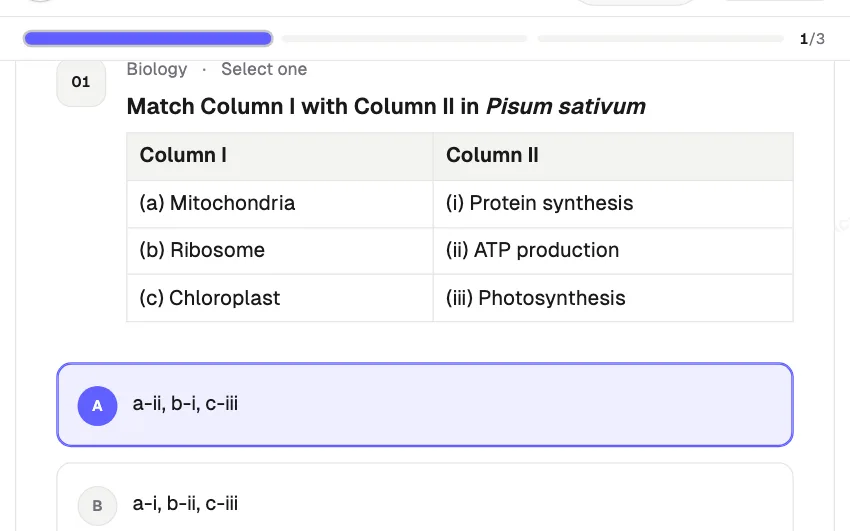 Exam question with a Column I and Column II match table and Pisum sativum in italics