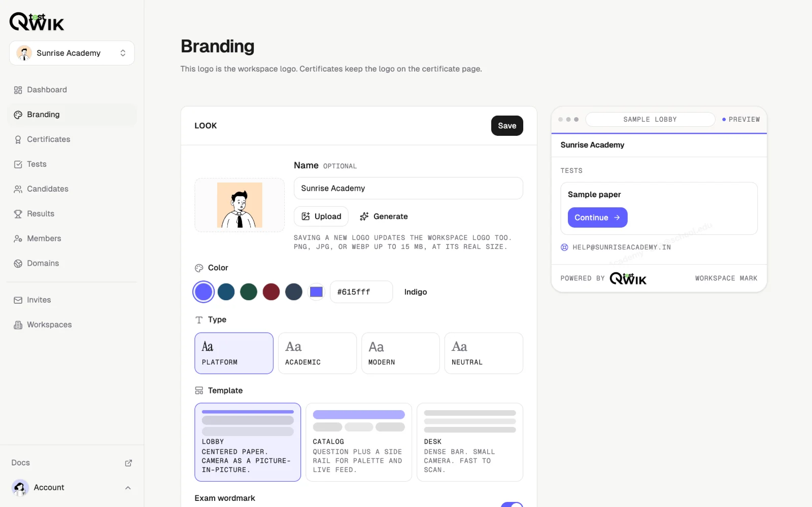Qwiktest branding settings with logo, colour, and template