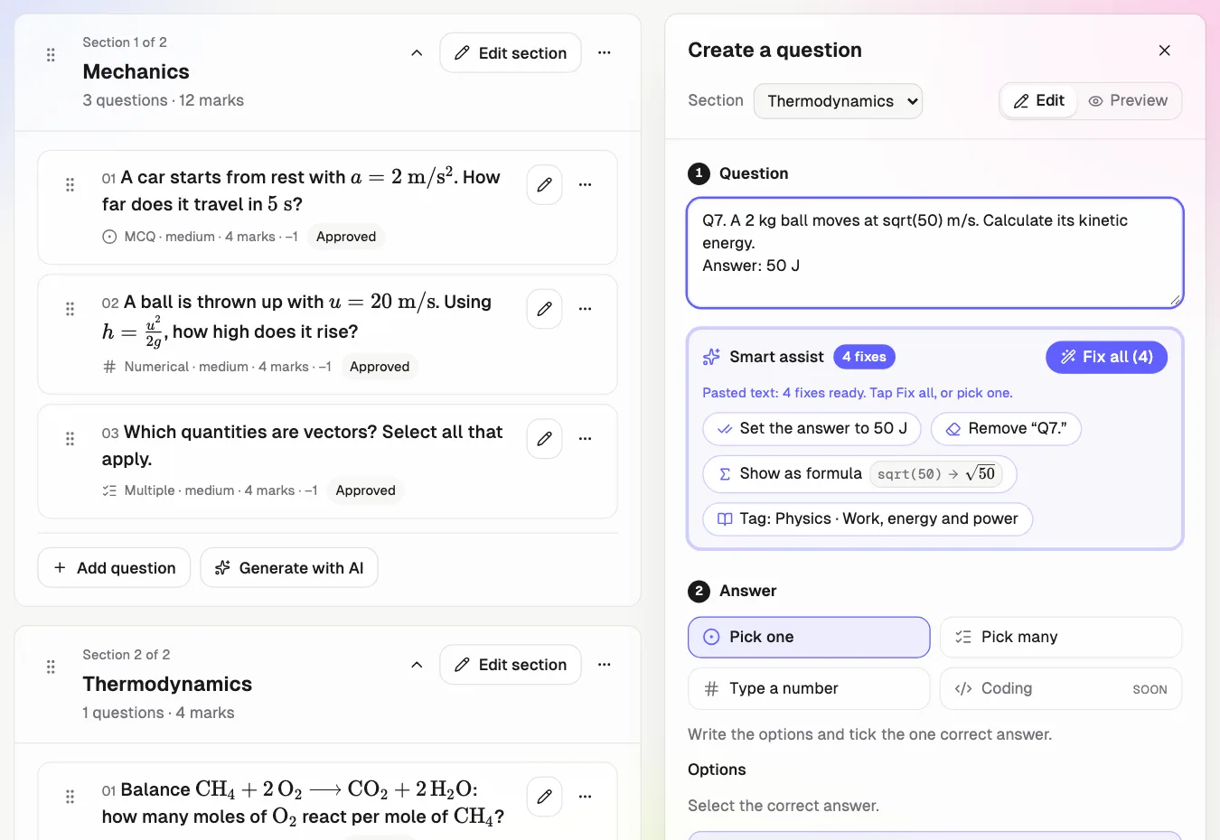 Qwiktest question editor beside the question list: a pasted physics question with Smart Assist showing 4 fixes, a Fix all button, and a preview of sqrt(50) becoming a square root