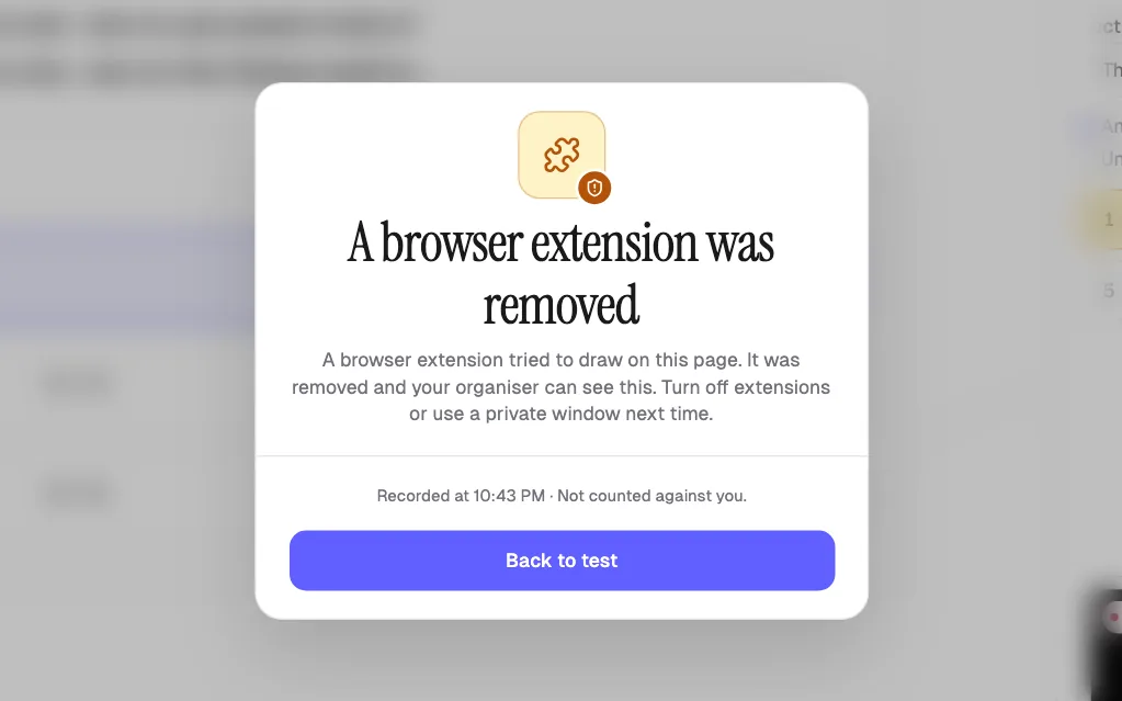 Exam warning that a browser extension was removed from the page and reported to the organiser