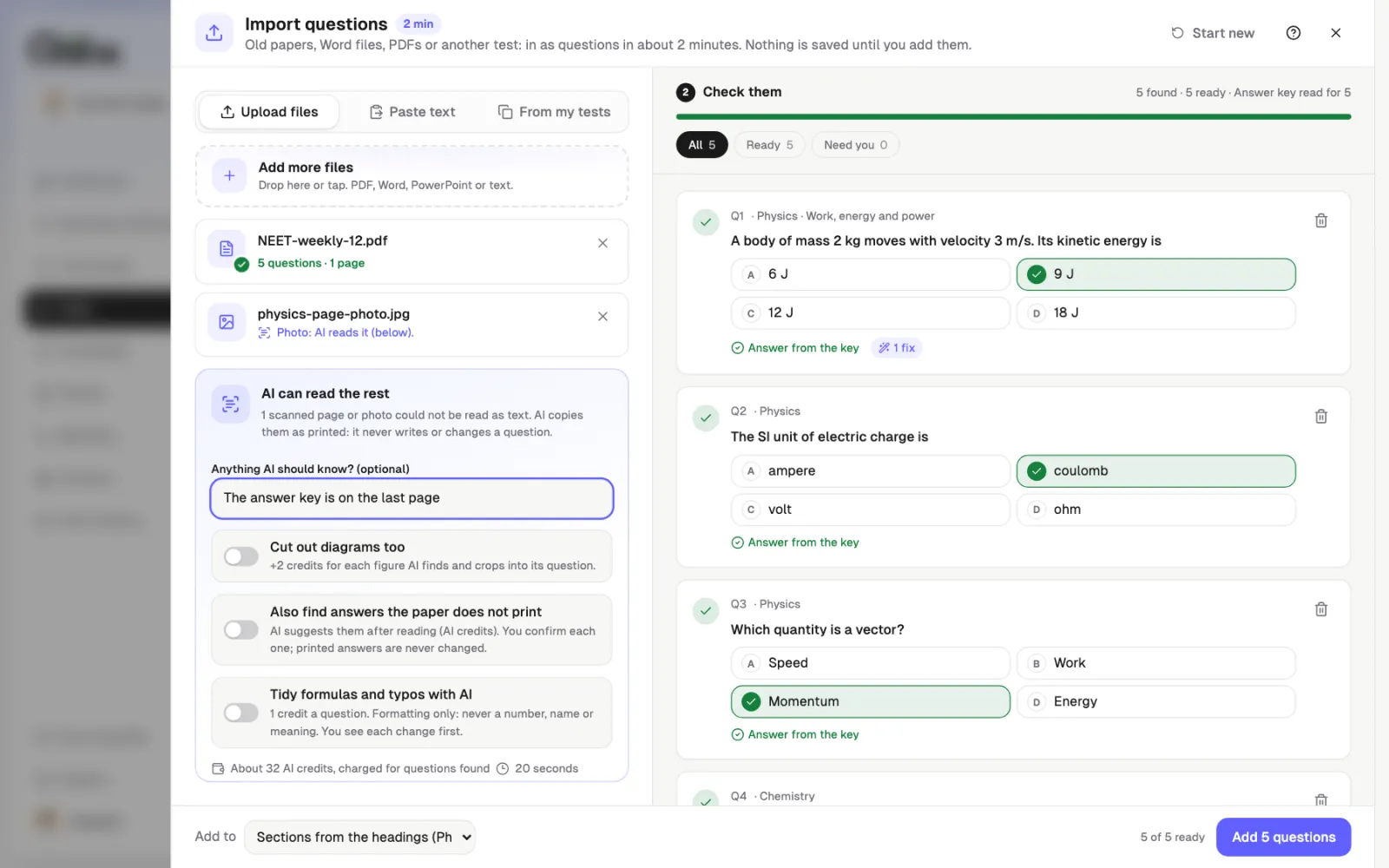 Qwiktest Import questions window on a laptop: a typed paper already read into questions, and a phone photo with the AI card offering Read with AI
