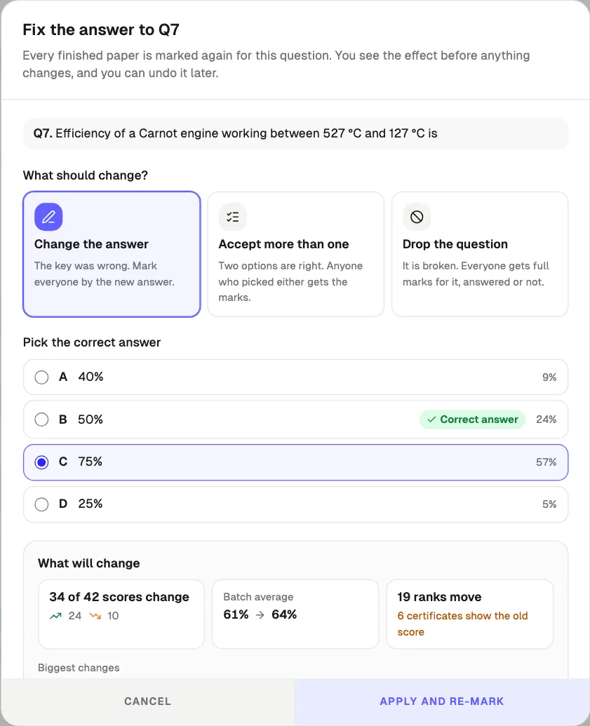 Qwiktest Fix the answer dialog for a physics question: change the answer, accept more than one, or drop the question, with option C picked and a preview showing 34 of 42 scores change, batch average 61% to 64%, and 19 ranks move