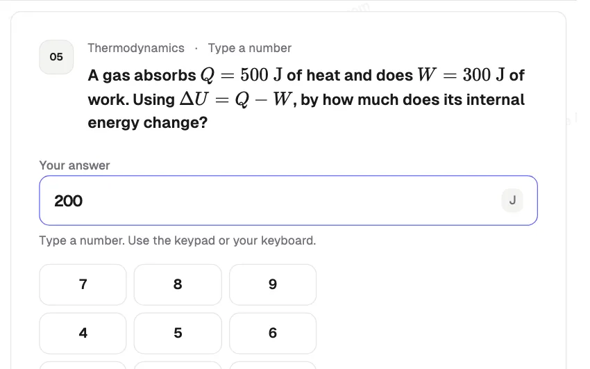 Numerical answer question with a formula, an answer box showing 200 J, and an on-screen number keypad