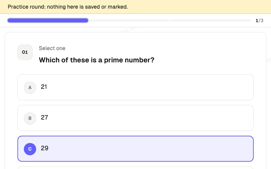 Practice round from the exam lobby: a sample question in the real exam screen with a banner saying nothing is saved or marked