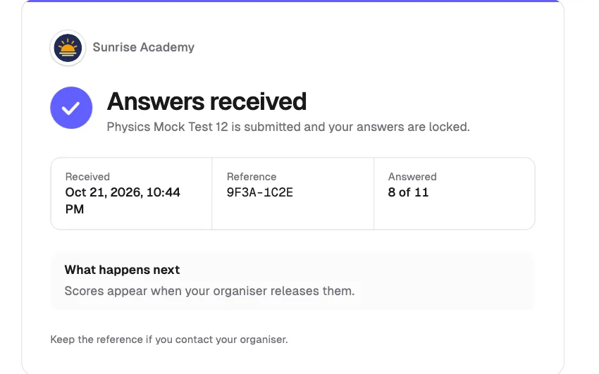 Qwiktest answers received page with submission time, reference code and number of questions answered