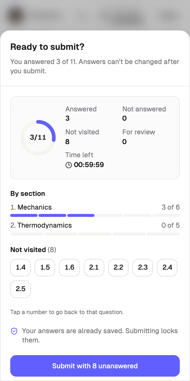 Online exam review screen on a phone with a Submit button and unanswered question numbers